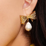 Wrapped with a Bow Drop Earrings in Gold & Pearl